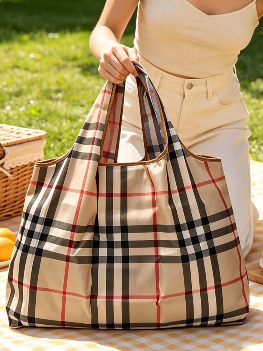 Beige Plaid Tote Bag with Brown Trim - Women - Picture 4 of 5
